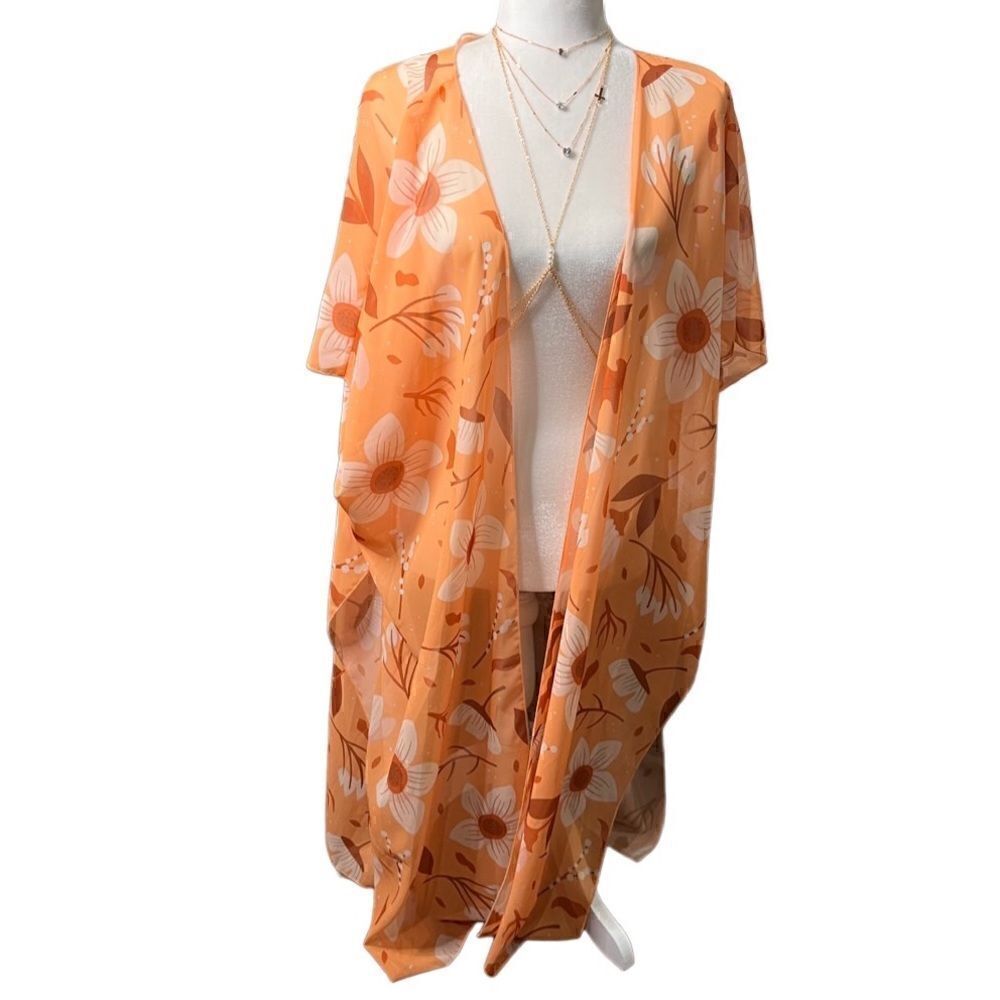 Hibluco Long Floral Orange Kimono Cardigan Sheer Swimsuit Cover Up O/S